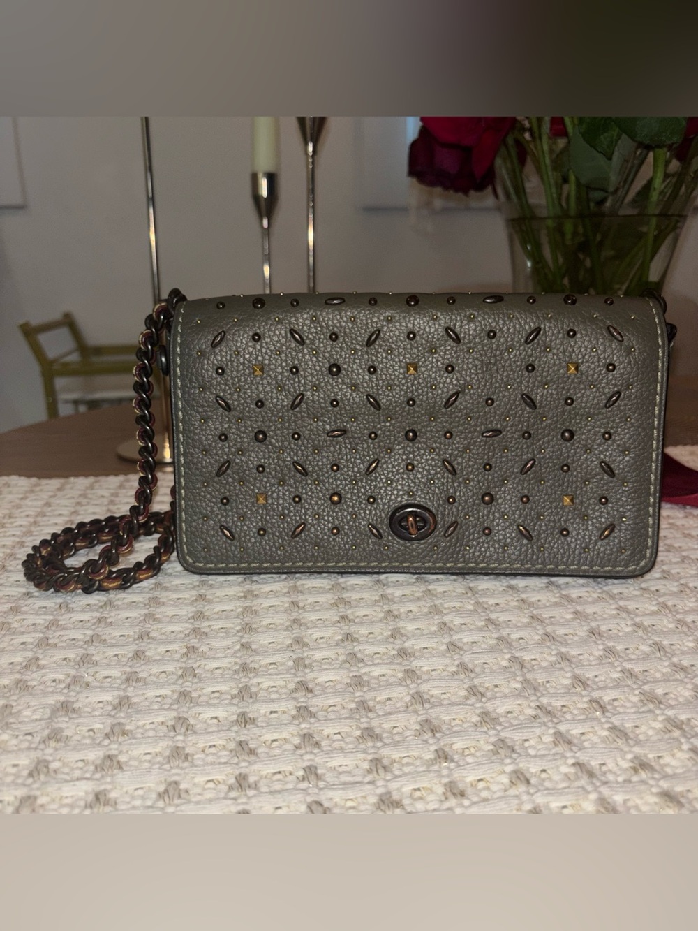 Coach 1941 Dinky Rivets Olive Brown Leather Hardware Crossbody Chain Strap Purse